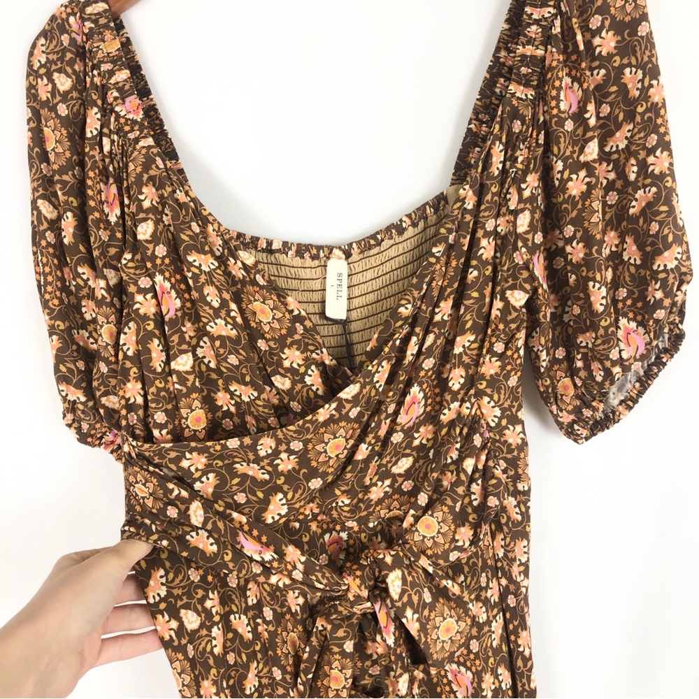 NEW Spell Madame Peacock Sweetheart Dress Coffee Size L Maxi Short Sleeve Brown - Picture 3 of 8